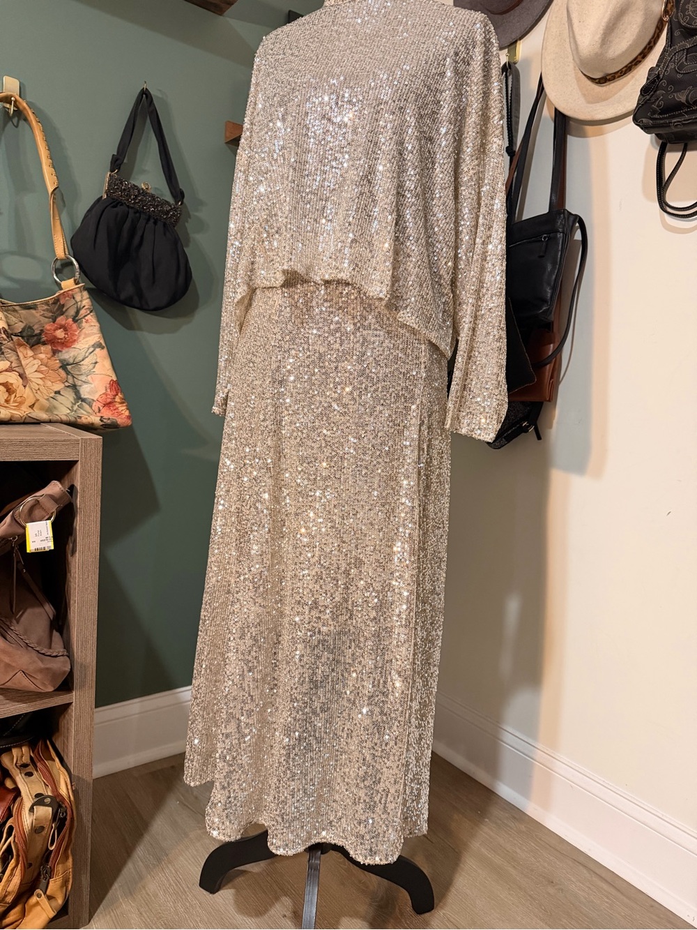 H&M Silver Sequin Maxi Skirt & Top Size 4 Long Sleeve Mock Neck Open Back Glam - Picture 5 of 6